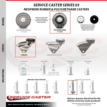 Service Caster 3 Inch Bright Chrome Hooded Polyurethane 8mm Threaded Stem Caster SCC SCC-TS03S310-PPUBD-BC-M815